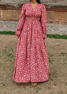 Women Red Crepe V-Neck Floral Print Maxi Dress