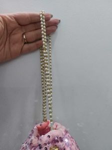 Pink Velvet Potli With Sequin Work &amp; Pearl Strings