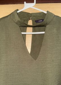 V-neck Choker Collar Olive green Top Front cutout
