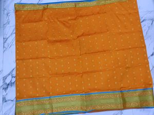 Orange and sky blue combination saree