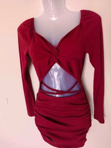 Red Long Sleeve Mini Dress - Cutout