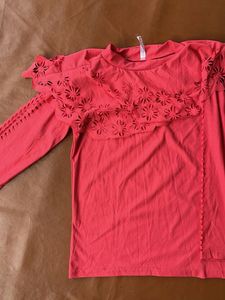 Coral Laser-Cut Long Sleeve Top