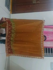Elegant Gold Chiffon Saree with Floral Border