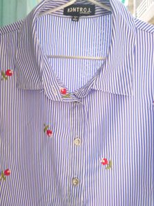 BLUE & WHITE STRIPED EMBROIDERY HALF SLEEVE SHIRT