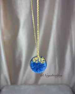 Blue Resin &amp; Gold Leaf Pendant Necklace