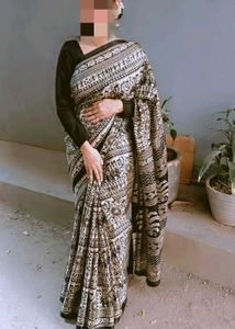 Printed Kalamkari Art Silk Saree (black)