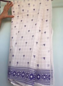 Women&#39;s Pure Cotton Saree Purple White Bengal Sari