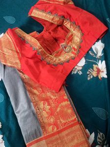 Grey Saree With Orange Blouse