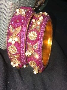 Pink Bangles With Silver Pearls And Golden Stones