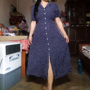 Navy Polka Dot Button-Down Dress
