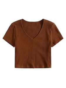Brown Ribbed V-Neck Tee