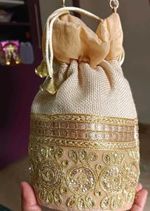 2 Gold Embellished Drawstring Potli Bags