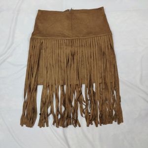 Tan Brown Psuede Skirt With Fringes