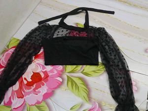 (1300)Black Polka Dot Mesh Top