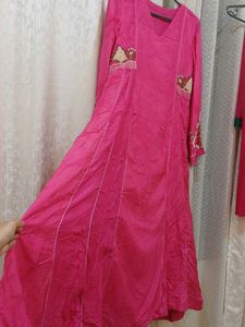 Pink Embroidered Long Kurta and dupatta