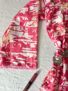 Pink Printed Bell Sleeve Short Kurti