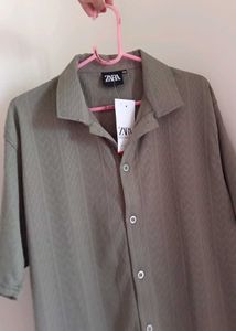 Zara Olive Green Patterned Button-Down Shirt