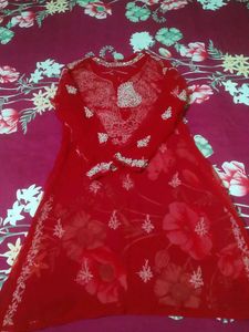 Red Lucknowi kurta set with inner tape