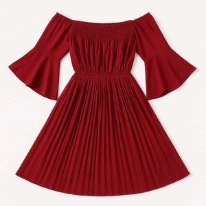 Red Off-Shoulder Pleated Dress