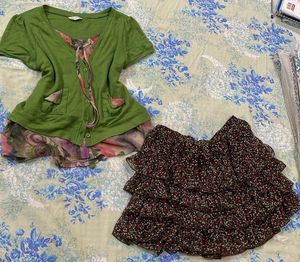 Cute Green Top & Floral Skirt Set