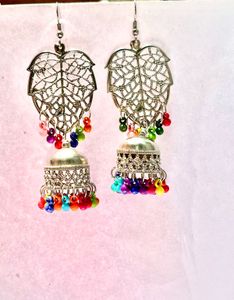 Boho Leaf Jhumka Earrings – Multicolor Beads🌈✨