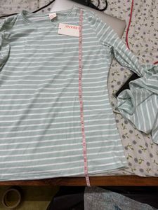 Casual Bell Sleeves Striped Women Green,White Top