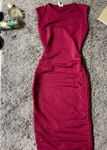 Maroon Drawstring Ruched Dress