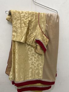 Golden With Maroon Strip Border Saree And Blouse