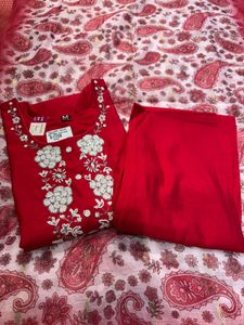 Red Embroidered Kurta Pant Set - Size M