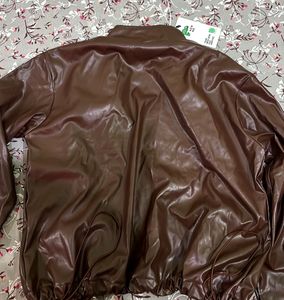 Brown Faux Leather Bomber Jacket