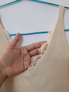 Beige Lace Trim Tank Top