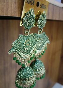 Traditional Ethnic Long Green Earrings