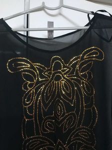 Glamorous Sheer Black Top with Gold Embroidery