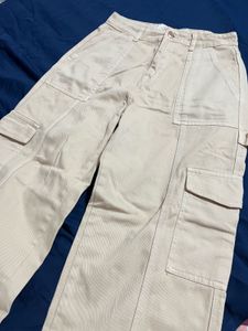 Beige Wide Leg Cargo Pants