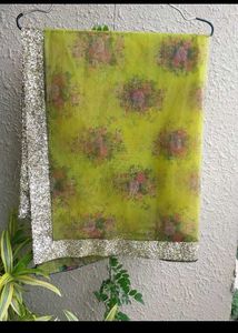 Elegant Green Printed Net &amp; Gold Bortder Dupatta