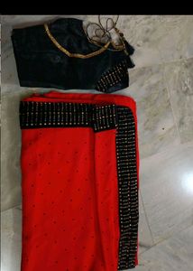 Party Wear Hot Red Saree