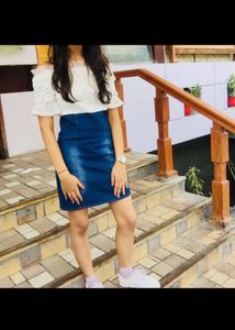 White Dress With Attached Denim Skirt