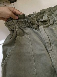 Olive Green Paper Bag Waist Pants