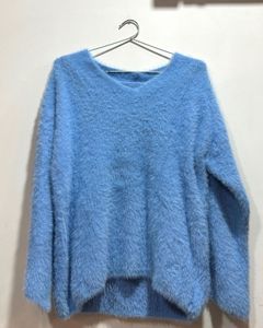 Fluffy Blue V-Neck Sweater