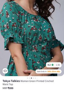 “Tokyo Talkies” Green Floral Clinched Waist Top