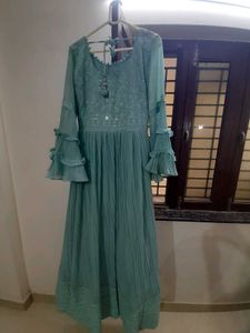 Aqua Ruffle Sleeve Maxi Dress