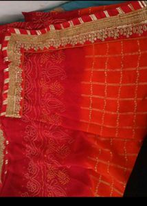 Red &amp; Orange Embroidered Saree
