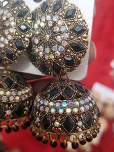 Black &amp; Gold Jhumka Earrings