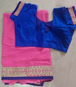 Pink Embellished Saree With Velvet Blouse Like New