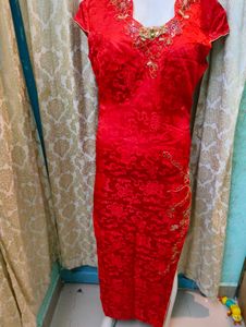 Elegant Red Embroidered Cheongsam Dress