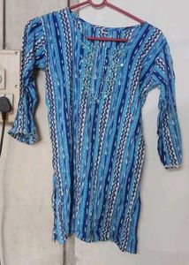 Blue Patterned Short Kuti With Mirror Work