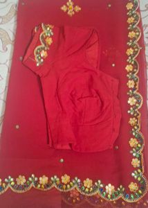 Red Embroidered Saree With Blouse