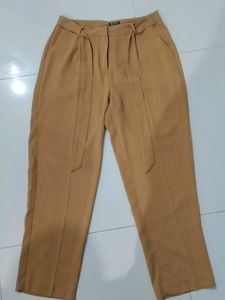 Mustard Brown Formal Trousers With Inbuilt Belt