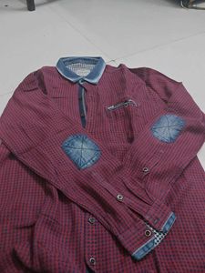 Burgundy Houndstooth Shirt with Denim Accents