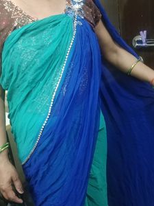 Stylish Dark Blue &amp; Light Green Saree
